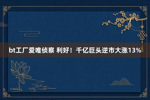 bt工厂爱唯侦察 利好！千亿巨头逆市大涨13%
